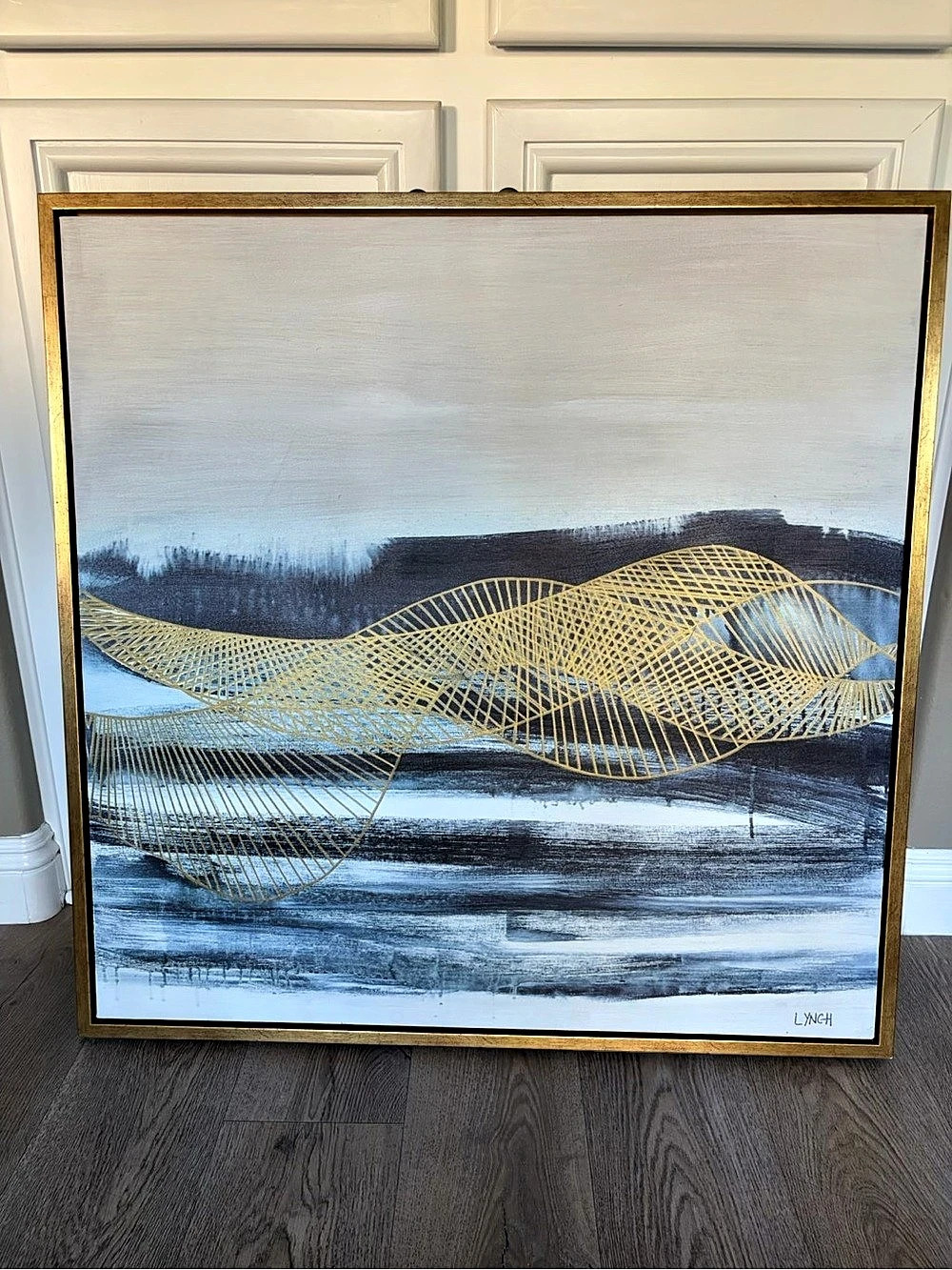 Living Spaces Gold Waves on Blue Abstract Framed Print Blue & Gold